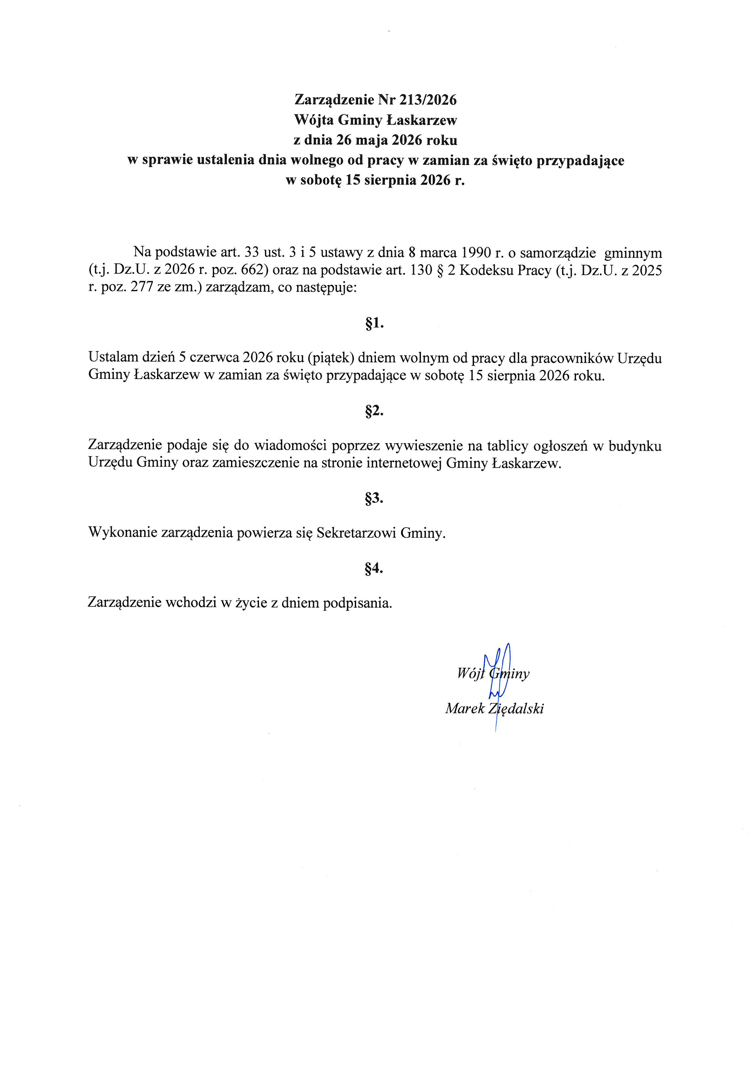 Zarządzenie W&oacute;jta Gminy Łaskarzew