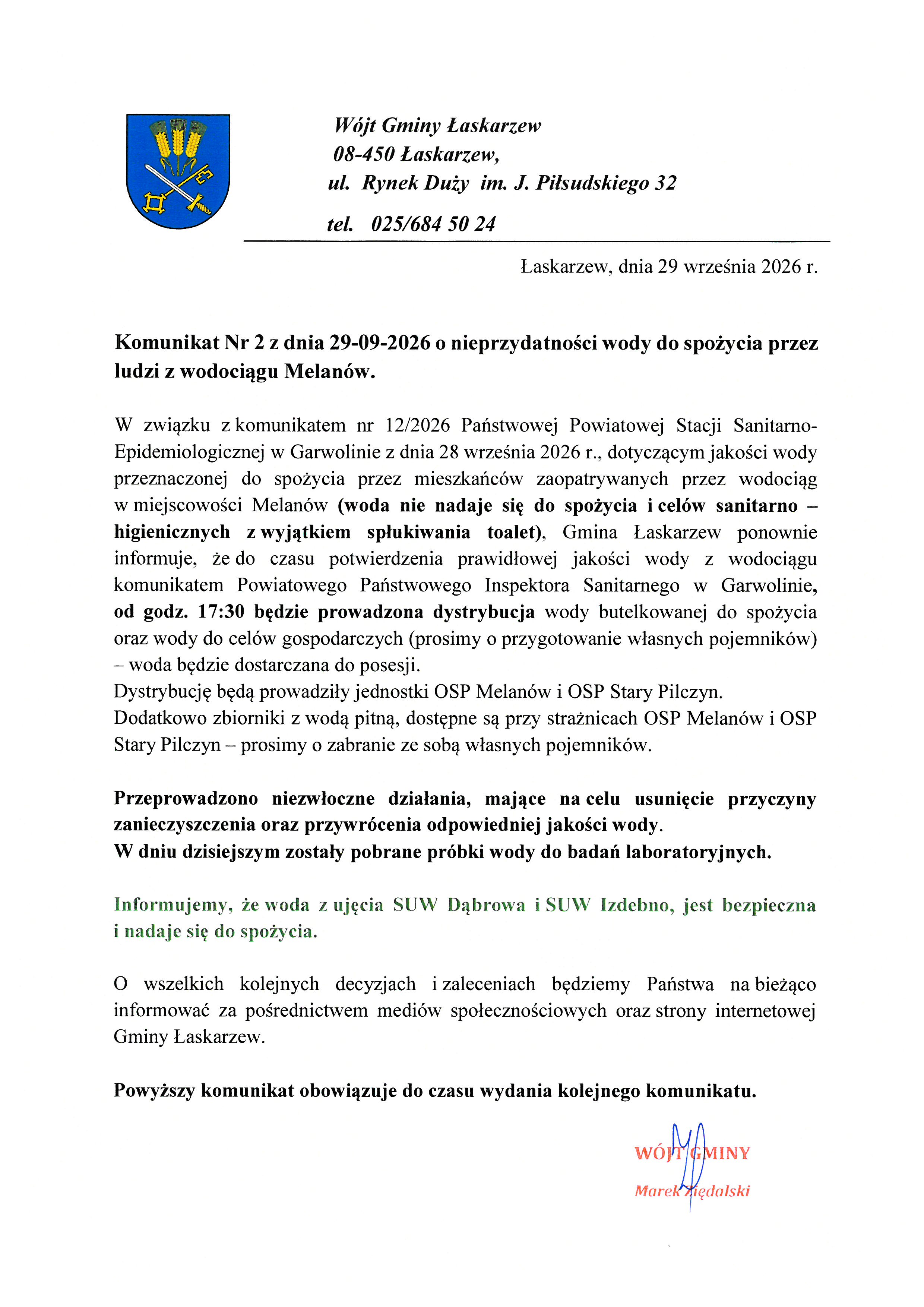 Komunikat W&oacute;jta Gminy Łaskarzew