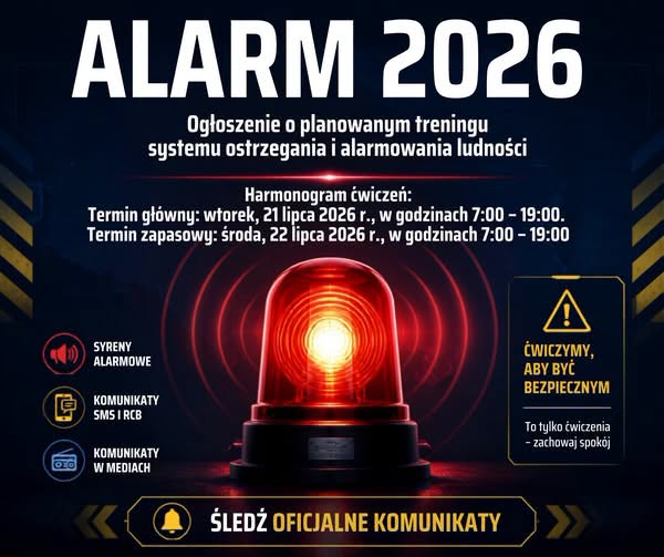 Grafika informująca o&nbsp;ćwiczeniu ALARM 2026