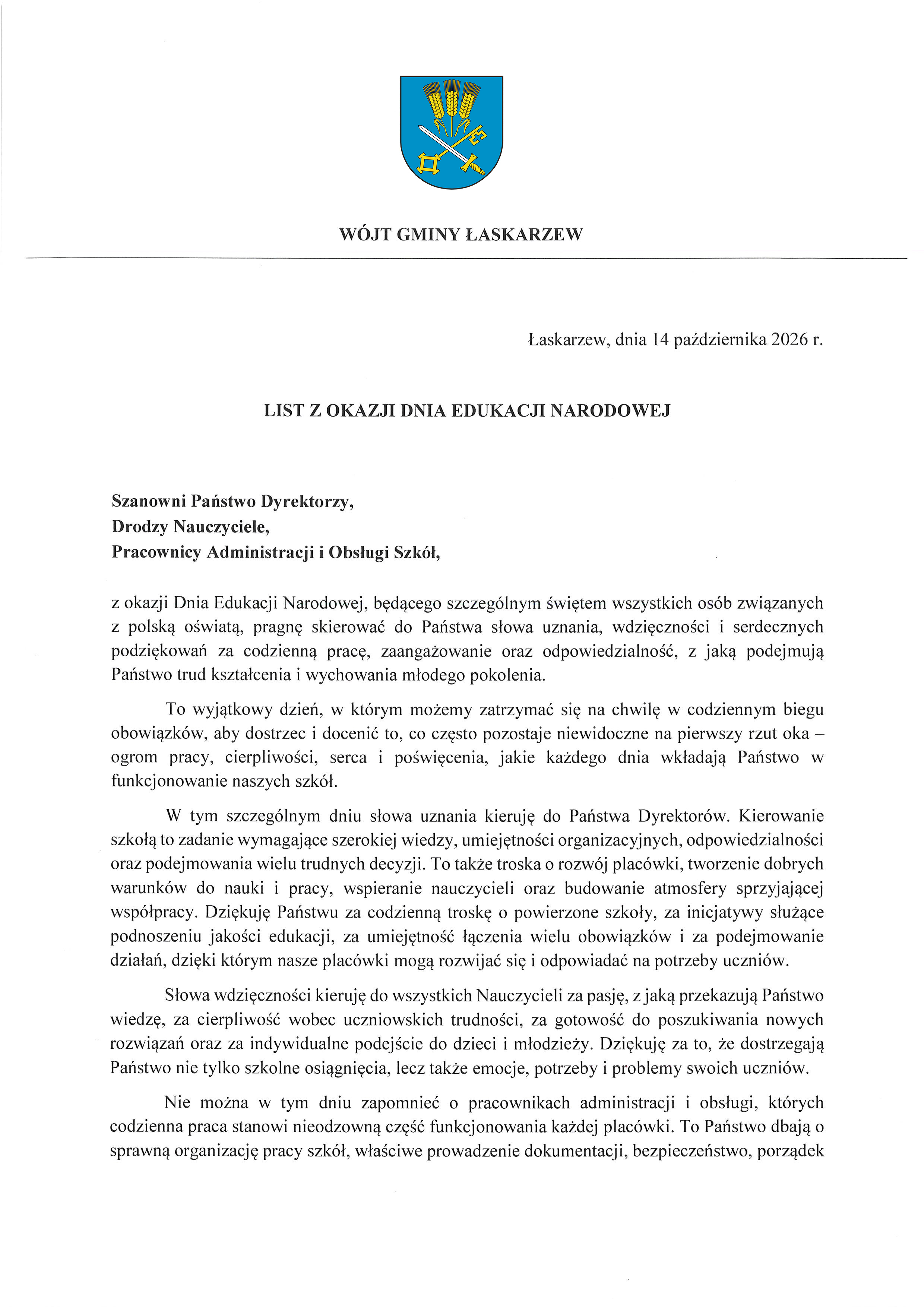 List W&oacute;jta z&nbsp;Okazji Dnia Edukacji Narodowej