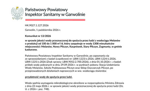Zdjęcie do Komunikat Nr 3 z dnia 01-10-2026 o przydatności wody do spożycia przez ludzi z wodociągu Melan&oacute;w
