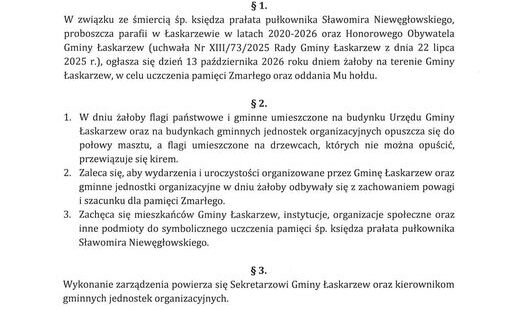 KOMUNIKAT WÓJTA GMINY ŁASKARZEW w sprawie ogłoszenia dnia żałoby na terenie Gminy Łaskarzew